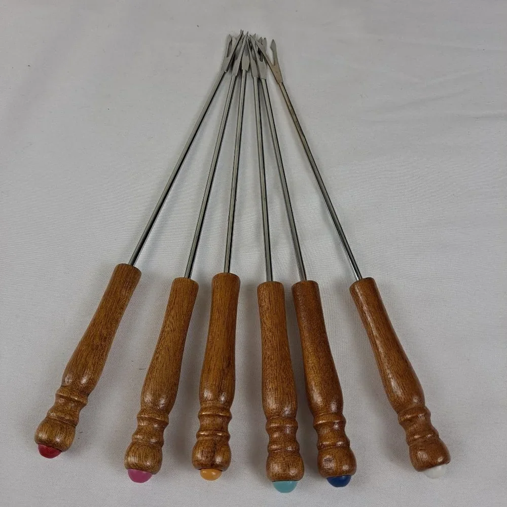 Vintage Set of 6 Fondue Forks Wooden Handles with Colorful Ends Stainless Steel